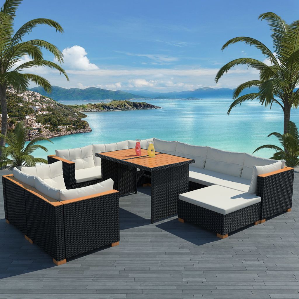 vidaXL 10-piece garden lounge set with cushions poly rattan black