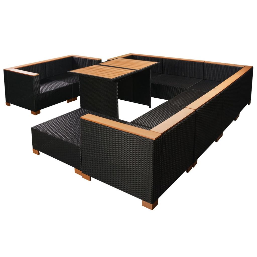 vidaXL 10-piece garden lounge set with cushions poly rattan black