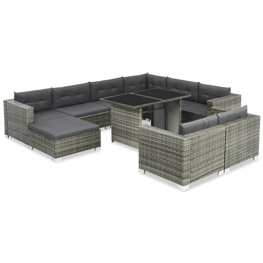 vidaXL 10-tlg. Garten-Lounge-Set mit Auflagen Poly Rattan Grau