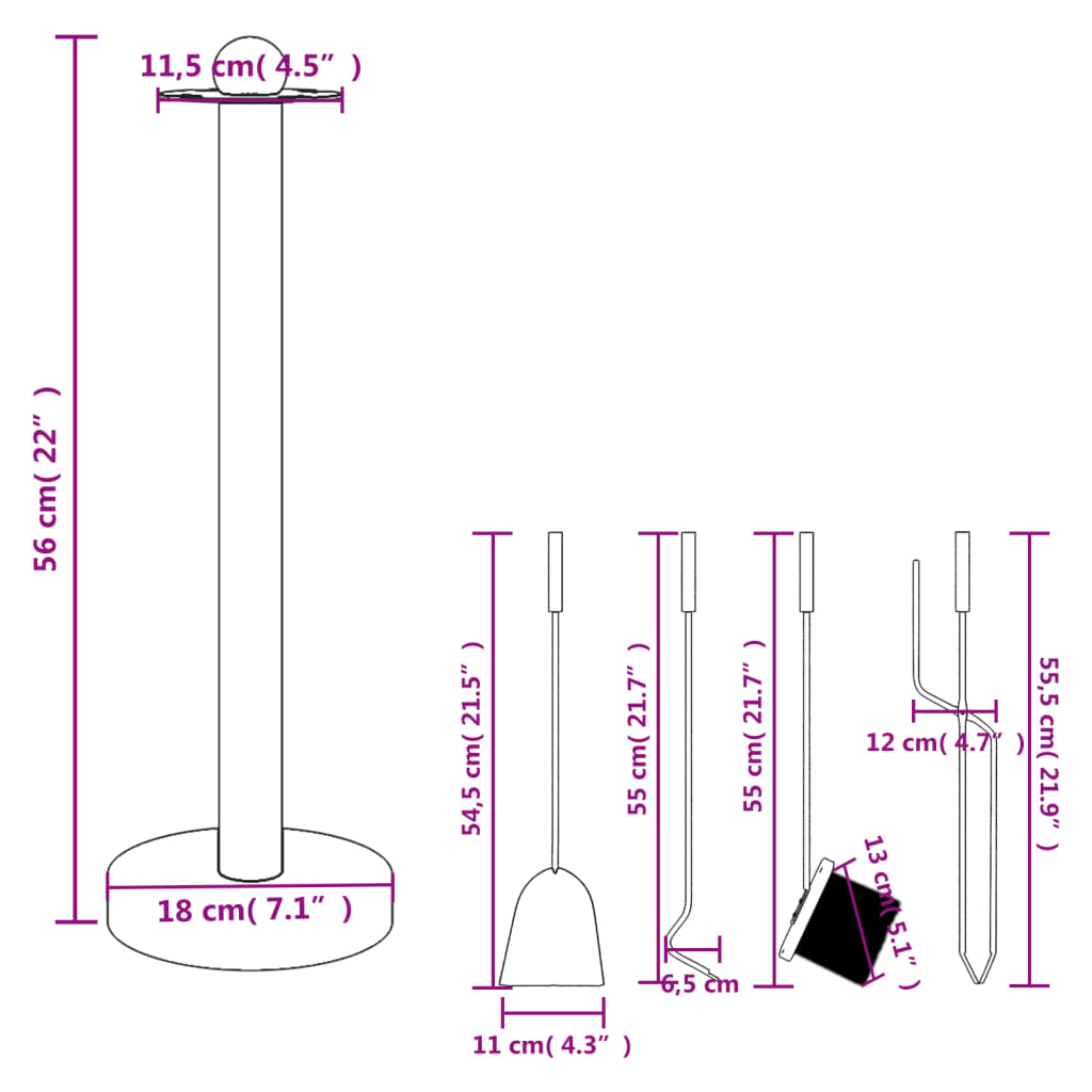 vidaXL 5-tlg. Kaminwerkzeug-Set 18x56 cm Stahl