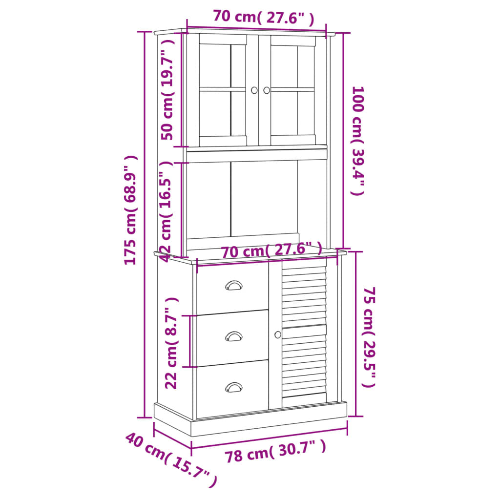 vidaXL Highboard VIGO Grau 78x40x175 cm Massivholz Kiefer