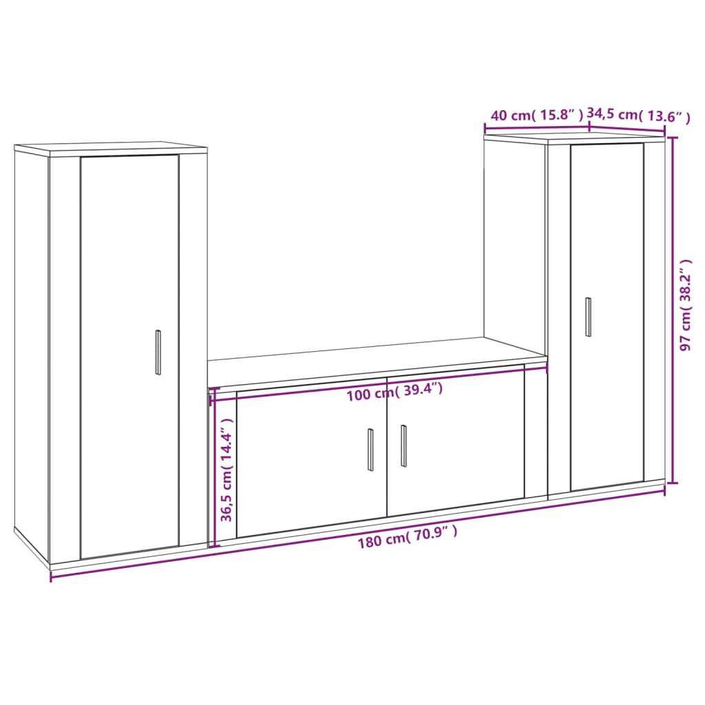 vidaXL 3-tlg. TV-Schrank-Set Braun Eichen-Optik Holzwerkstoff