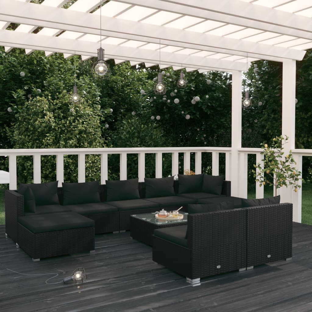 vidaXL 10-tlg. Garten-Lounge-Set mit Kissen Schwarz Poly Rattan