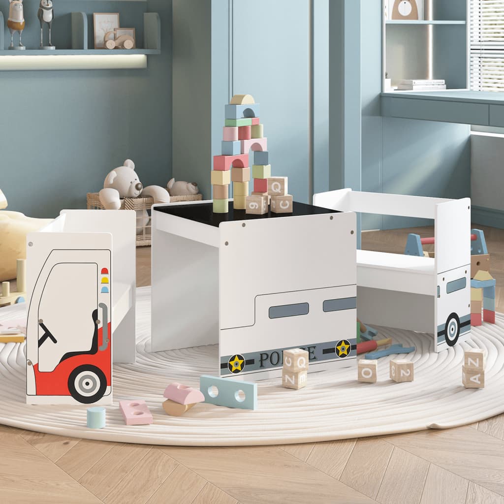 vidaXL 3-tlg. Kindertisch und Stuhl Set Polizeiauto-Design MDF