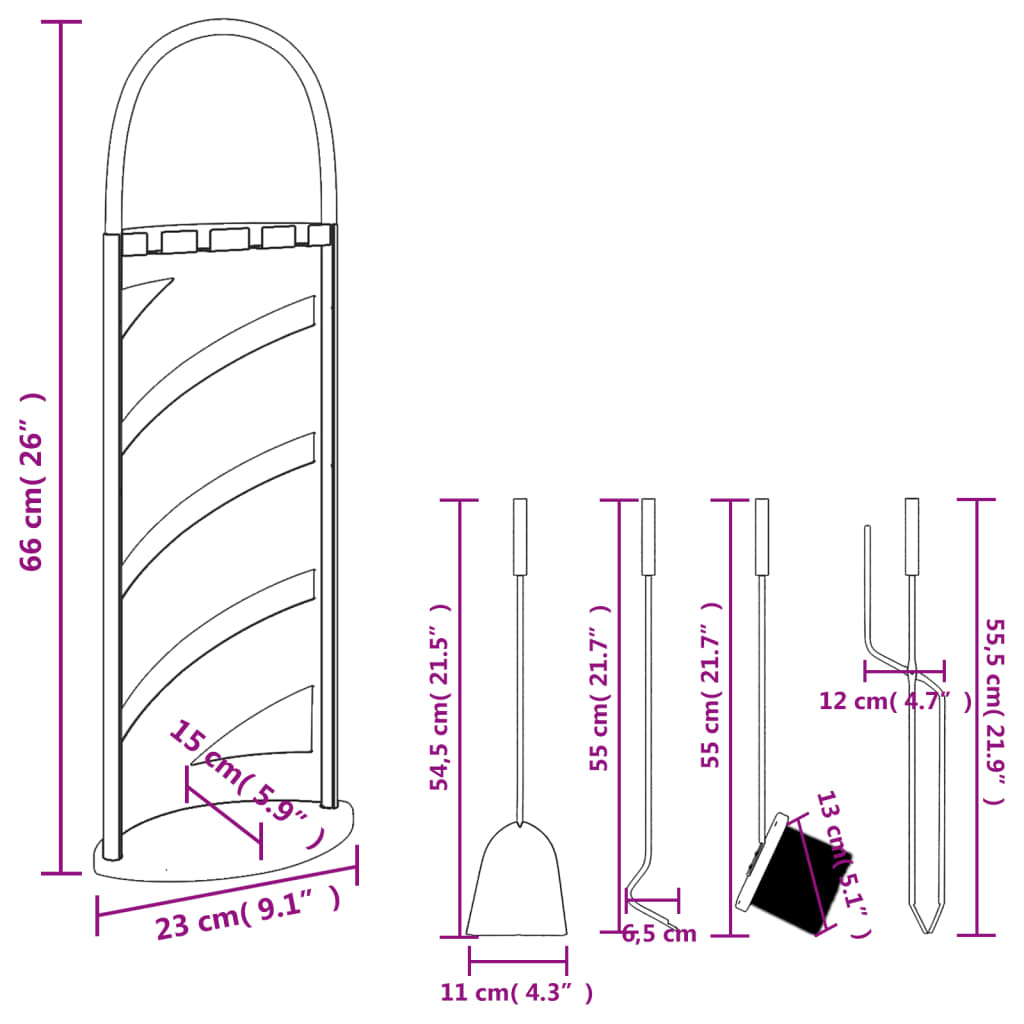 vidaXL 5-tlg. Kaminwerkzeug-Set 23x15x66 cm Stahl