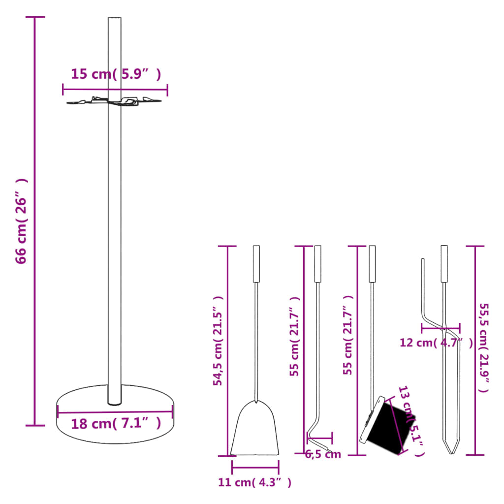 vidaXL 5-tlg. Kaminwerkzeug-Set 18x66 cm Stahl