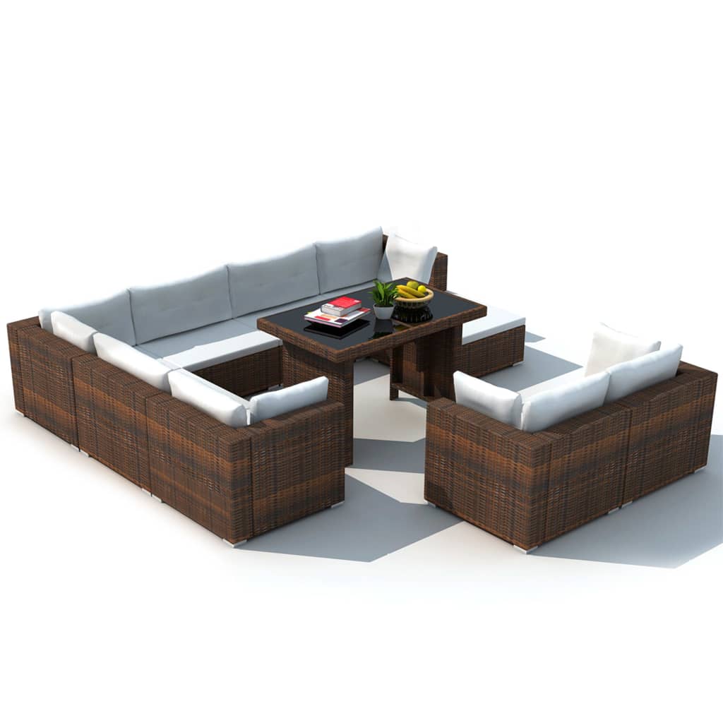 vidaXL 10-tlg. Garten-Lounge-Set mit Auflagen Poly Rattan Braun