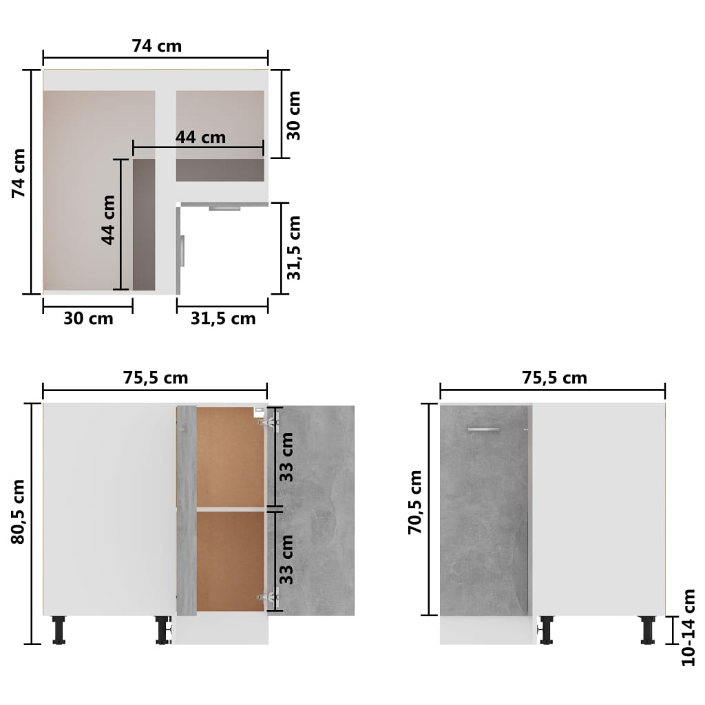 vidaXL Eckunterschrank Betongrau 75,5x75,5x81,5 cm Holzwerkstoff