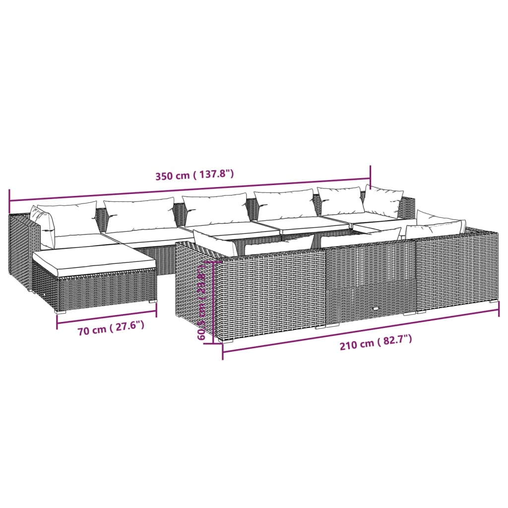 vidaXL 10-tlg. Garten-Lounge-Set mit Kissen Schwarz Poly Rattan