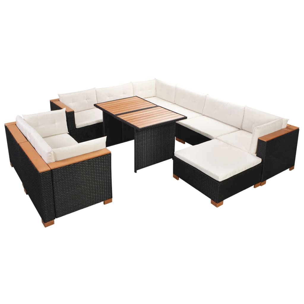 vidaXL 10-piece garden lounge set with cushions poly rattan black