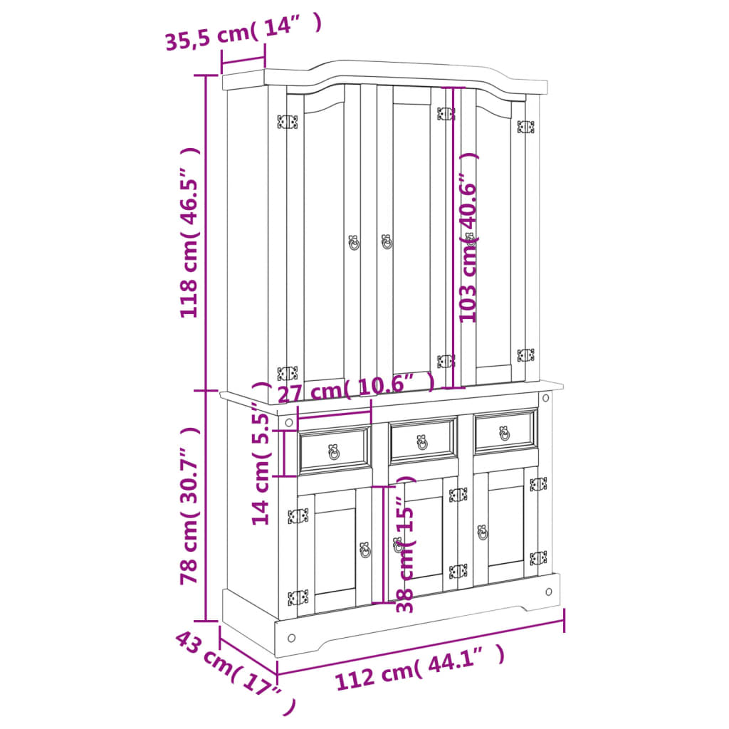 vidaXL Highboard Corona 112x43x196 cm Massivholz Mexikanische Kiefer