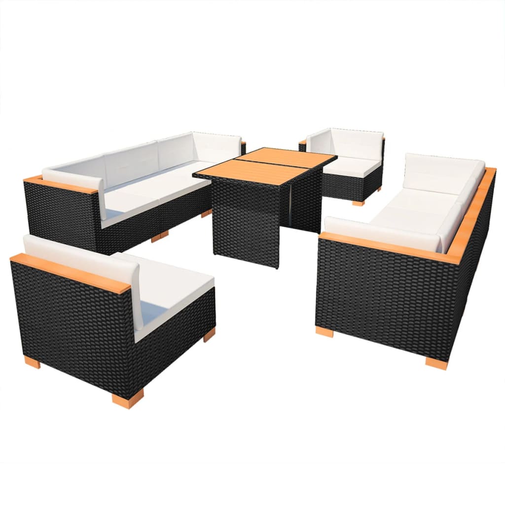 vidaXL 10-tlg. Garten-Lounge-Set mit Auflagen Poly Rattan Schwarz