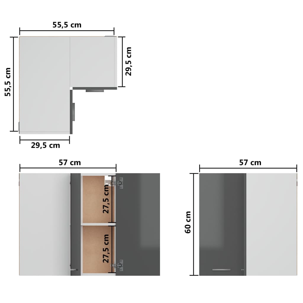 vidaXL Eckhängeschrank Hochglanz-Grau 57x57x60 cm Holzwerkstoff